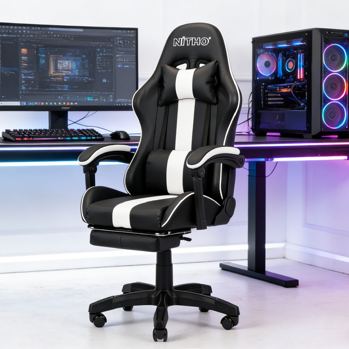 NITHO RAVEN GAMING CHAIR WHITE W/FOOTREST primary product image